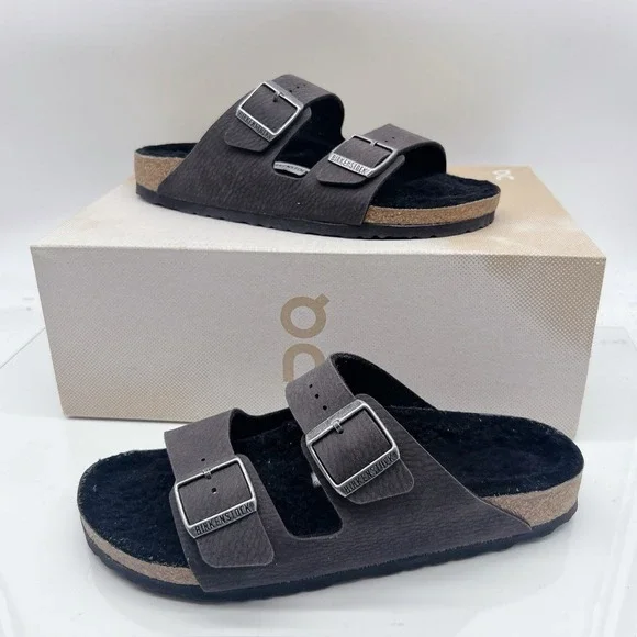 Birkenstock Arizona Shearling Synthetics Desert Dust Black Sandal Womens EU 41